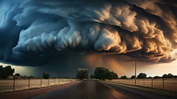 ai generado tormenta nubes terminado el carretera. dramático cielo. foto