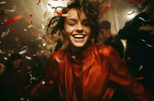 AI generated Cheerful young woman in red shirt dancing with confetti. photo