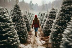 AI generated A girl in a red hat walks along the path among the Christmas trees farm. photo