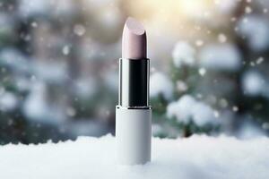 AI generated Lipstick in the snow against the background of a snowy Christmas landscape photo