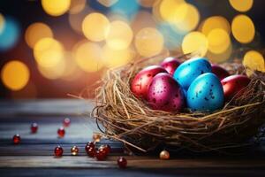 AI generated easter egg coloring with blue bokeh over wooden table and nest photo