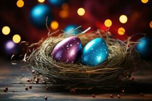 AI generated easter egg coloring with blue bokeh over wooden table and nest photo