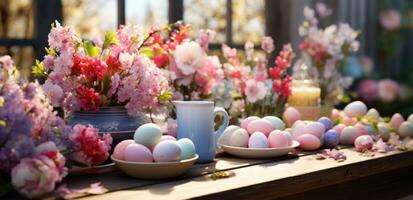 AI generated easter decorating table with eggs and flowers photo