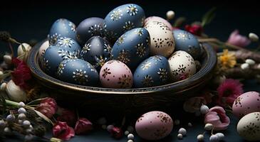 ai generado Pascua de Resurrección huevos en un cesta con flores y arboles foto