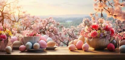 ai generado Pascua de Resurrección huevos en parte superior de un de madera tablero con flores en el antecedentes foto