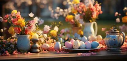 ai generado Pascua de Resurrección decorando mesa con huevos y flores foto