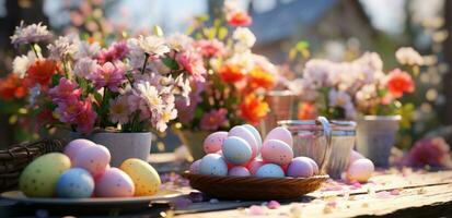 ai generado Pascua de Resurrección decorando mesa con huevos y flores foto