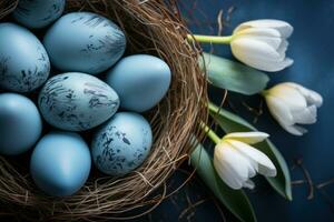 AI generated easter egg coloring with blue bokeh over wooden table and nest photo