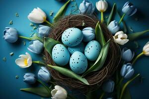 AI generated easter eggs in nest with tulips on blue background, infused symbolism photo