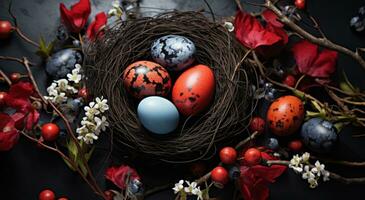 AI generated colorful easter eggs in a nest on the stone table, photo