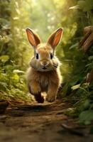 ai generado linda pequeño Conejo corriendo abajo un camino en el bosque, foto