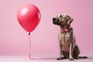 AI generated dog holding pink heart heart shaped balloon photo