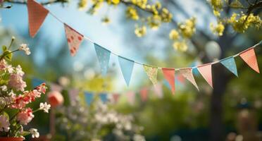 AI generated colorful bunting for spring outdoors photo