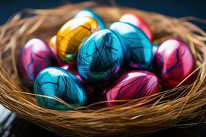 AI generated colorful easter eggs in a nest framed with beautiful colors of rainbow over bluish sky photo