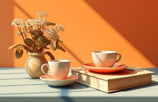 AI generated coffee cup and saucer on a table is paired with books photo