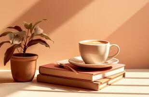 AI generated coffee cup and saucer on a table is paired with books photo