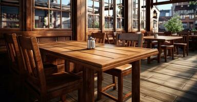 AI generated an empty wooden table and chairs in an restaurant photo