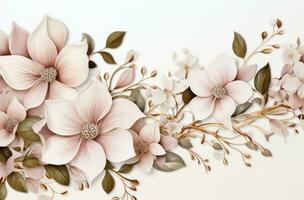 ai generado un elegante floral marco con rosado flores y follaje en blanco antecedentes foto