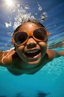 ai generado hermosa joven hembra nada en piscina con polarizador Gafas de sol foto