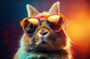 AI generated an eye catching cute rabbit that is wearing sunglasses on a bright background photo