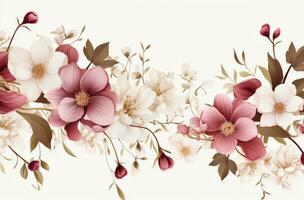 AI generated an elegant floral frame with pink flowers and foliage on white background photo