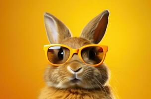 AI generated an eye catching cute rabbit that is wearing sunglasses on a bright background photo