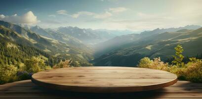 AI generated a wooden circular table overlooking some grassy mountains photo