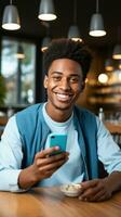 AI generated A young adult using a smartphone to send money to a friend through a mobile payment app photo