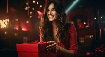 AI generated a young woman is opening a gift box at night, photo