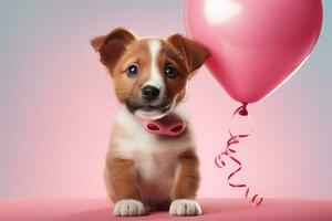 AI generated adorable puppy holding heart shaped pink balloon photo