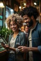 ai generado un mujer sonriente a su teléfono mientras participación eso arriba a un pago terminal a un Tienda revisa foto