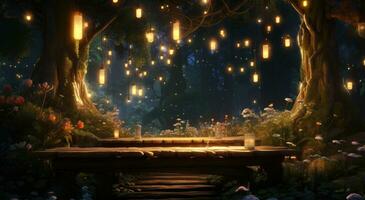 AI generated a wooden table and lights on a forest surrounded by light photo