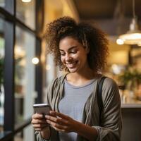 ai generado un joven adulto utilizando un teléfono inteligente a enviar dinero a un amigo mediante un móvil pago aplicación foto