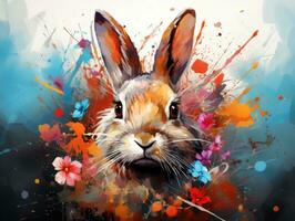 AI generated a watercolor illustration of a rabbit with colored splatters on it photo