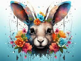 AI generated a watercolor illustration of a rabbit with colored splatters on it photo