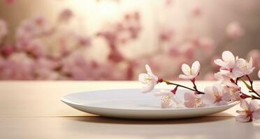 ai generado un blanco plato con rosado pétalos en eso foto