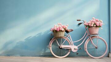 ai generado un rosado bicicleta con cesta de tulipanes en frente de azul pared foto