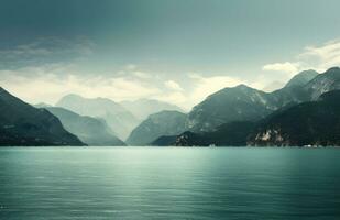 AI generated a lake with the mountains and water surrounding it photo