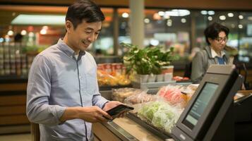 AI generated A man holding his phone up to a card reader, paying for groceries at a self-checkout kiosk photo