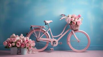 ai generado un rosado bicicleta con cesta de tulipanes en frente de azul pared foto
