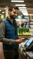 AI generated A man holding his phone up to a card reader, paying for groceries at a self-checkout kiosk photo