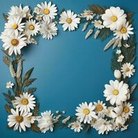 AI generated a frame made of daisies and rosemary on a blue background photo