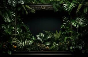 ai generado un marco lleno con tropical plantas en un negro antecedentes foto