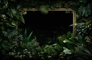 ai generado un marco lleno con tropical plantas en un negro antecedentes foto