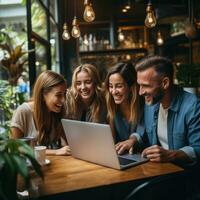 AI generated A group of coworkers gathered around a computer screen photo