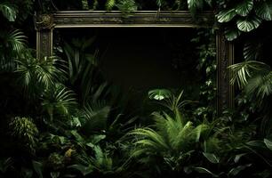 ai generado un marco lleno con tropical plantas en un negro antecedentes foto
