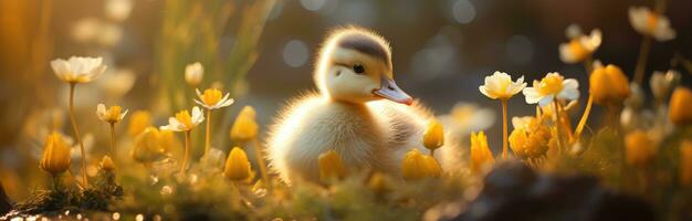 AI generated a duckling sitting under a piece of grass in the sunlight photo