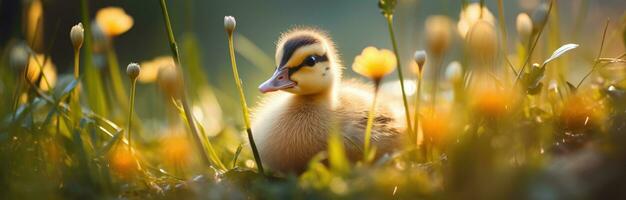 AI generated a duckling sitting under a piece of grass in the sunlight photo