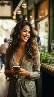 ai generado un mujer de negocios mirando a su teléfono mientras en pie en línea a un café tienda foto