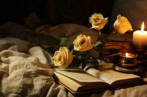 ai generado un vela, rosas y un abierto libro acostado en un cobija foto